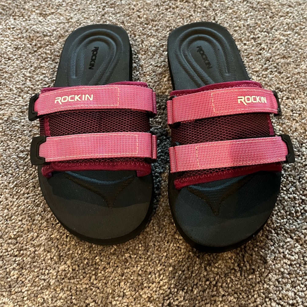 Rockin Black and Pink Slide Sandals, 6.5